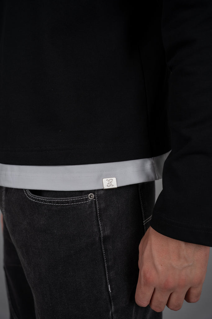 Double Layer Long Sleeve Boxy T-Shirt - Black