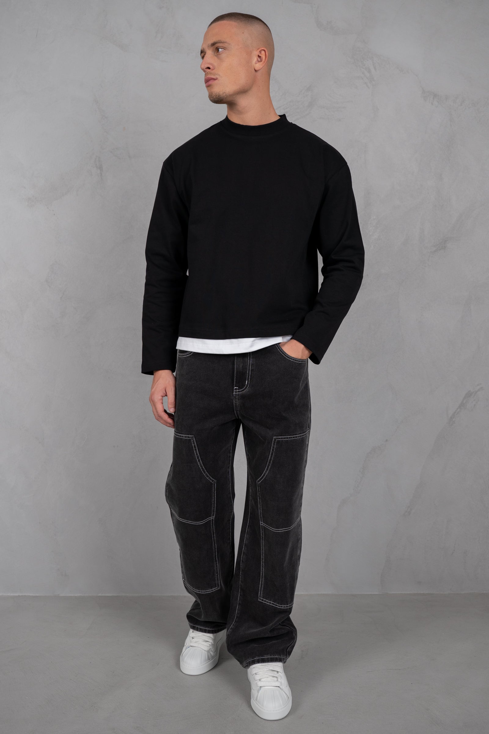 Double Layer Long Sleeve Boxy T-Shirt - Black