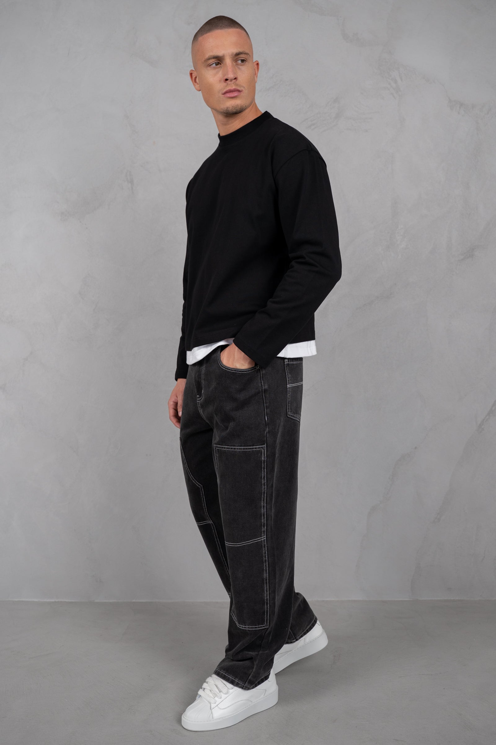 Double Layer Long Sleeve Boxy T-Shirt - Black