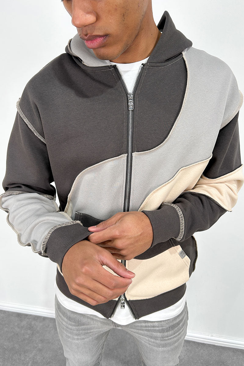 Cut and Sew Panel Double Zip Hoodie - Charcoal