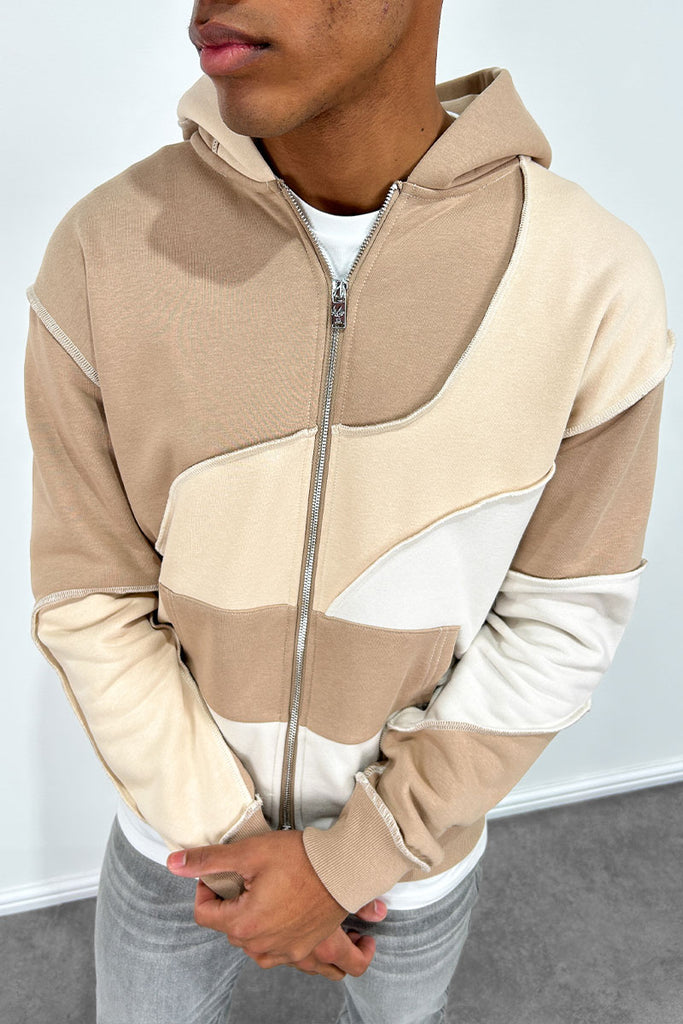 Cut and Sew Panel Double Zip Hoodie - Stone