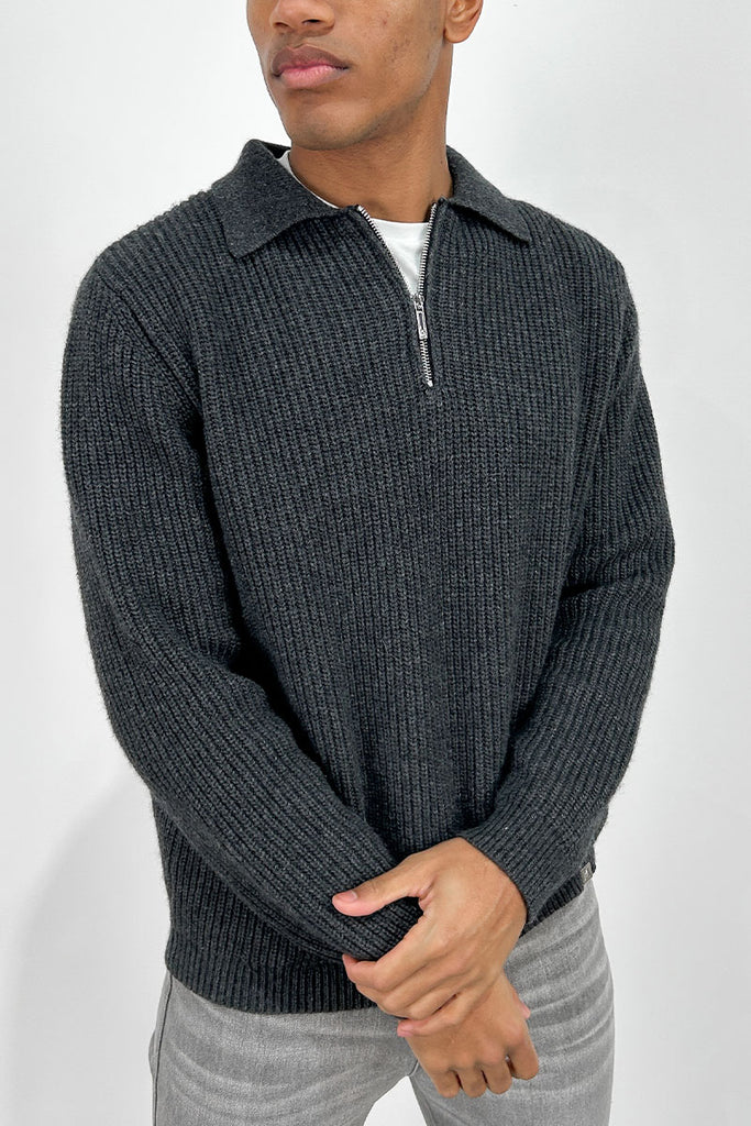 Ribbed Oversized Quarter-Zip Jumper - Grey