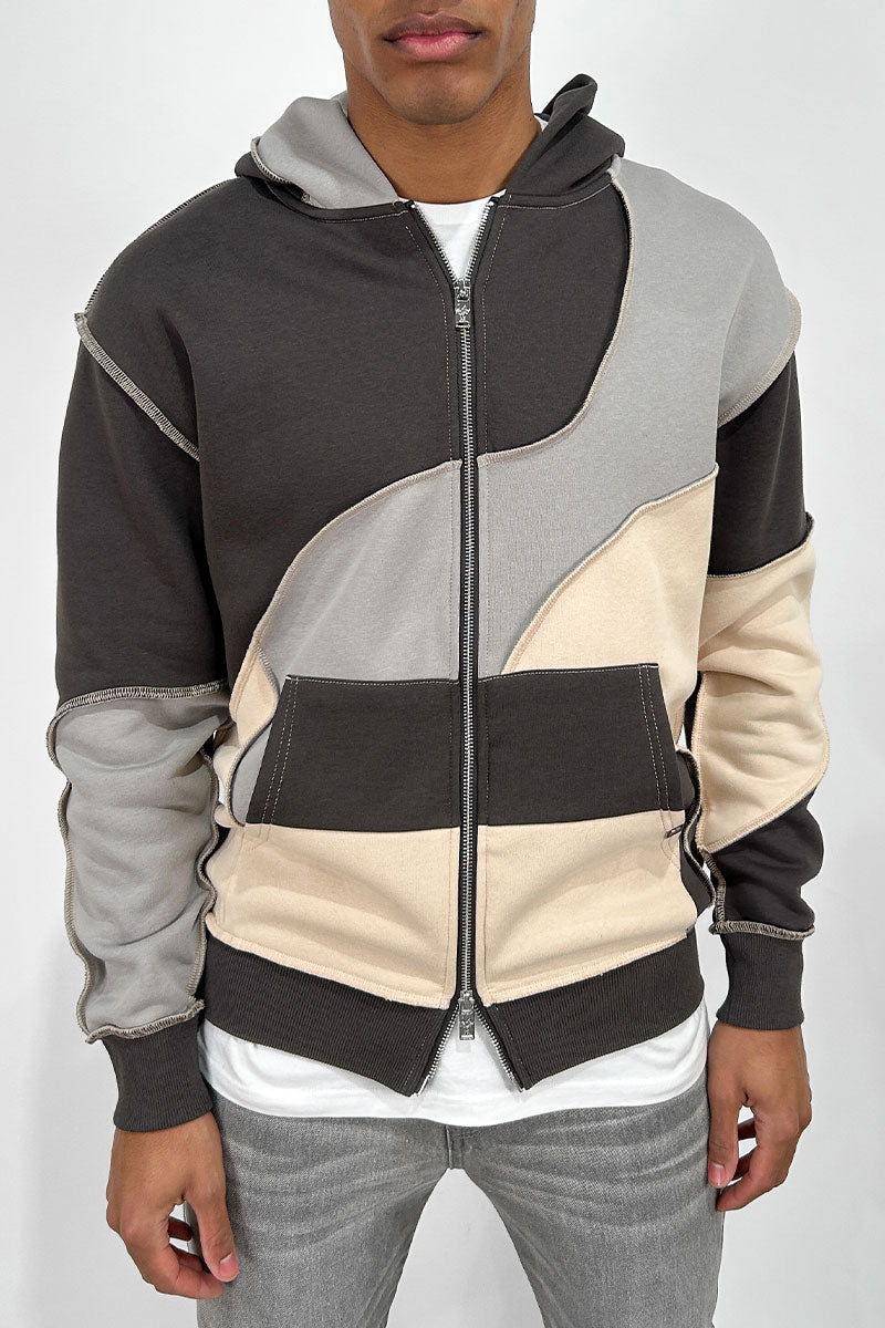 Cut and Sew Panel Double Zip Hoodie - Charcoal