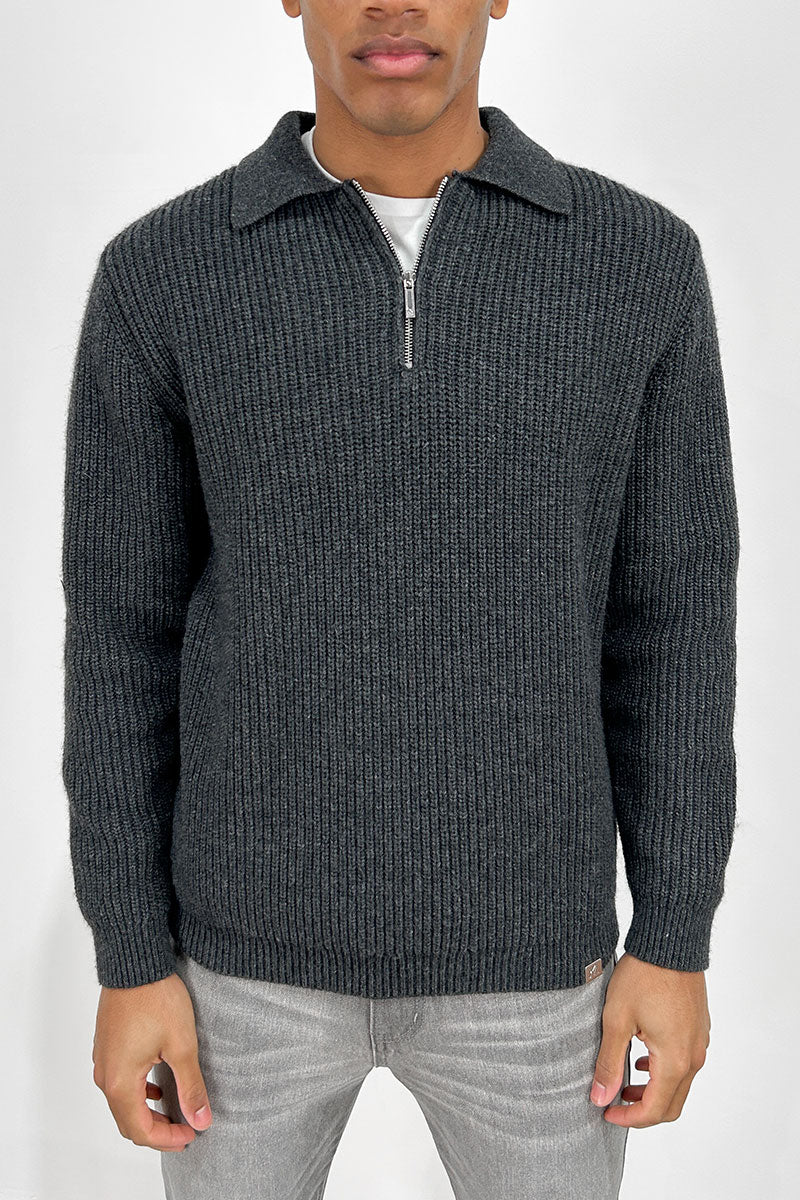 Ribbed Oversized Quarter-Zip Jumper - Grey