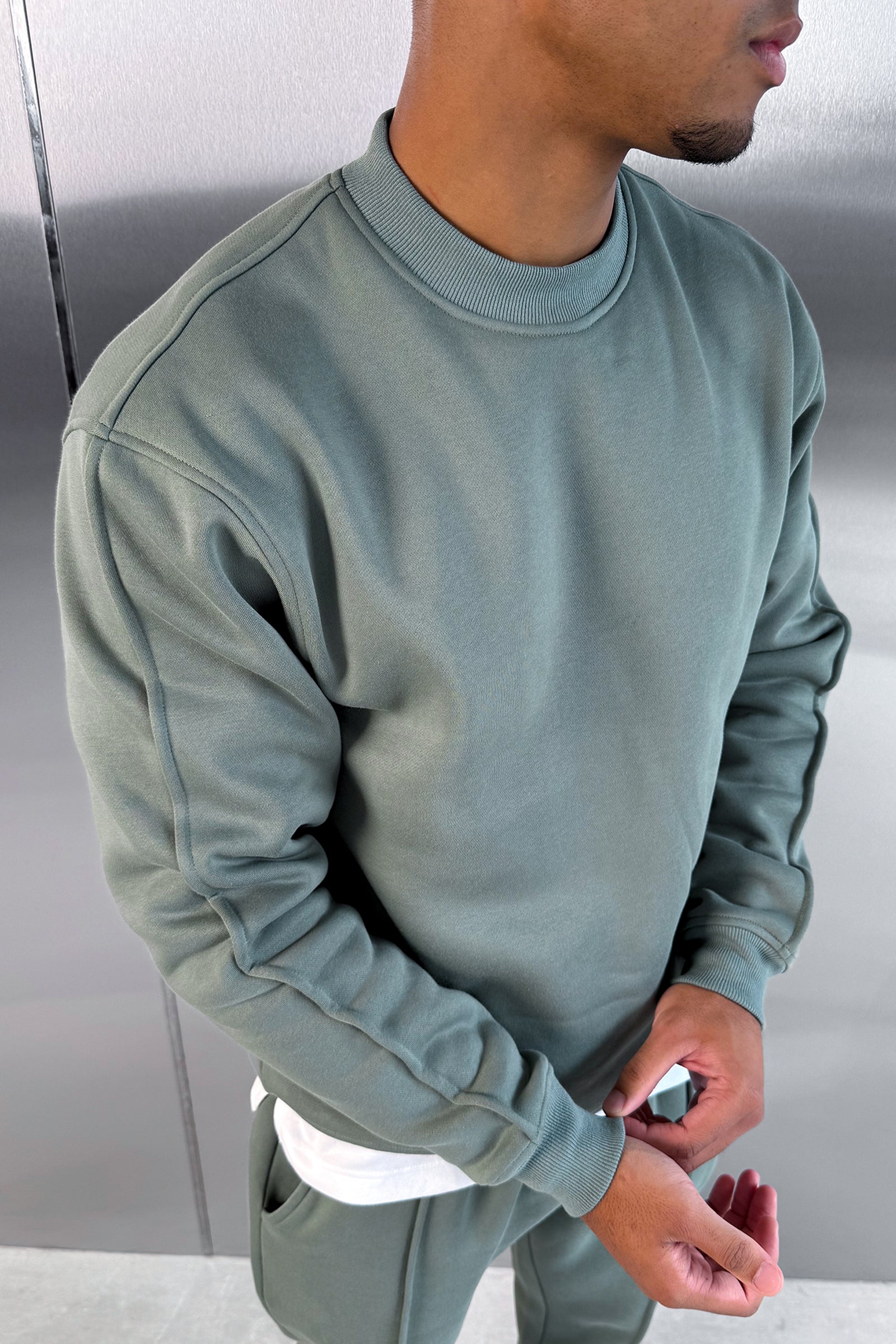 Extended Neck Crew Neck Sweatshirt - Khaki