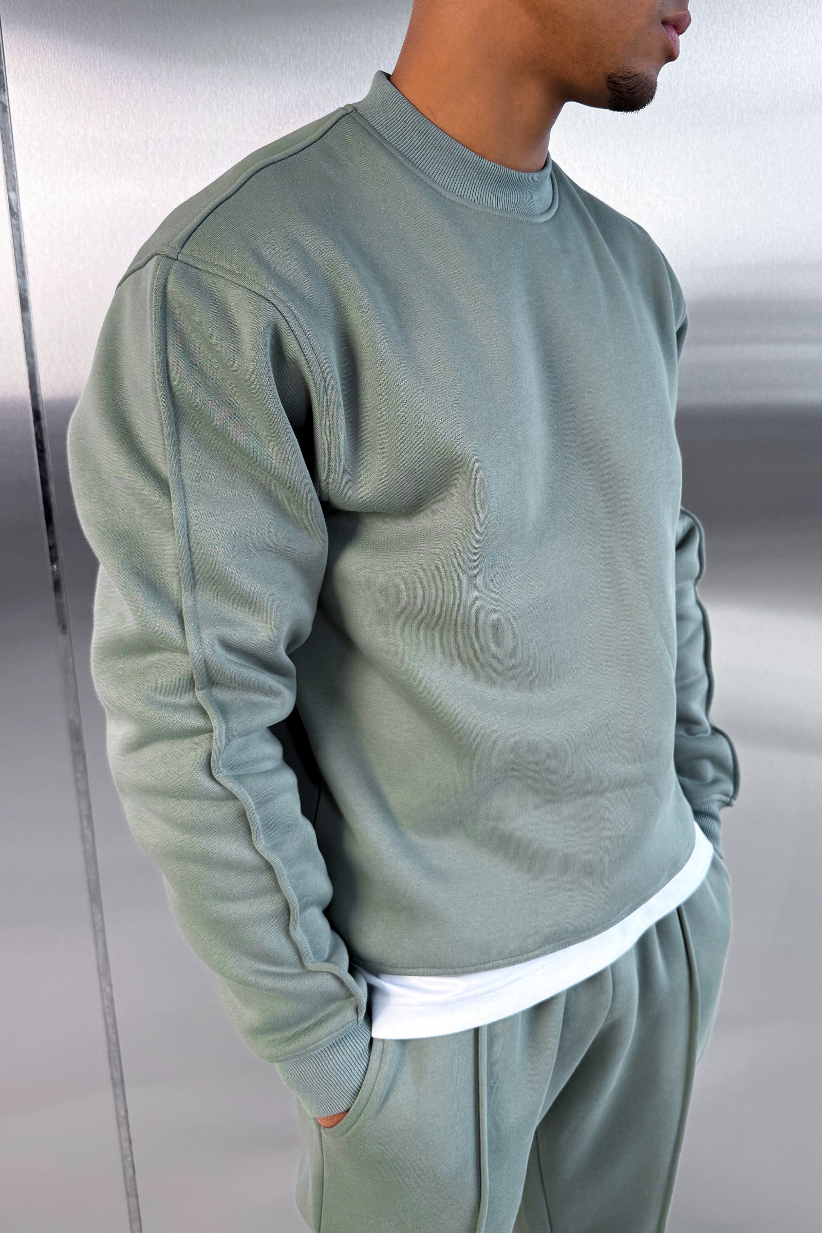 Extended Neck Crew Neck Sweatshirt - Khaki