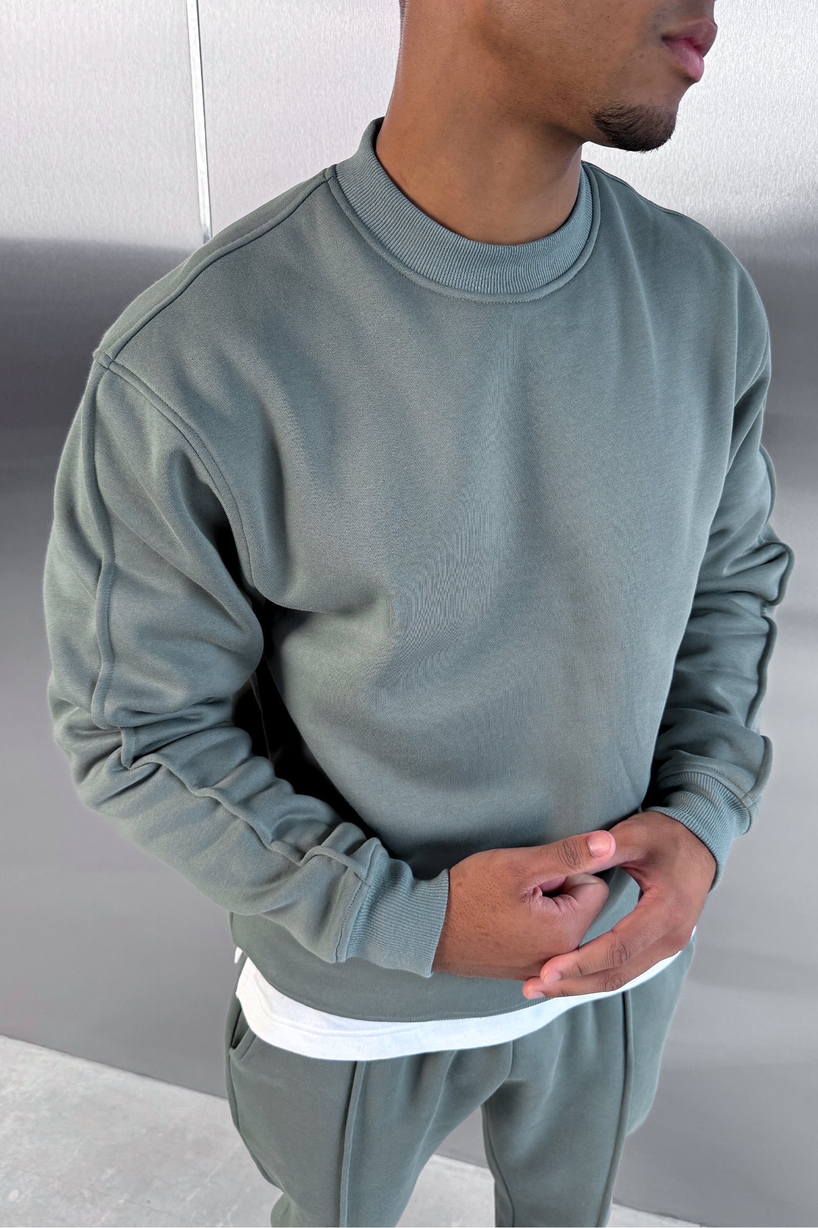 Extended Neck Crew Neck Sweatshirt - Khaki