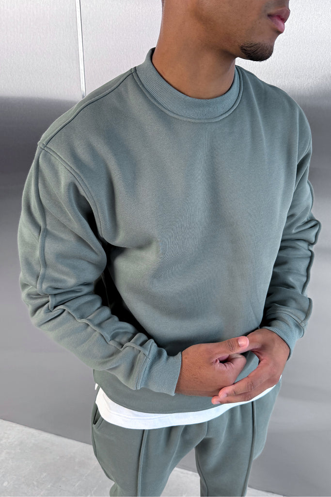 Extended Neck Crew Neck Sweatshirt - Khaki