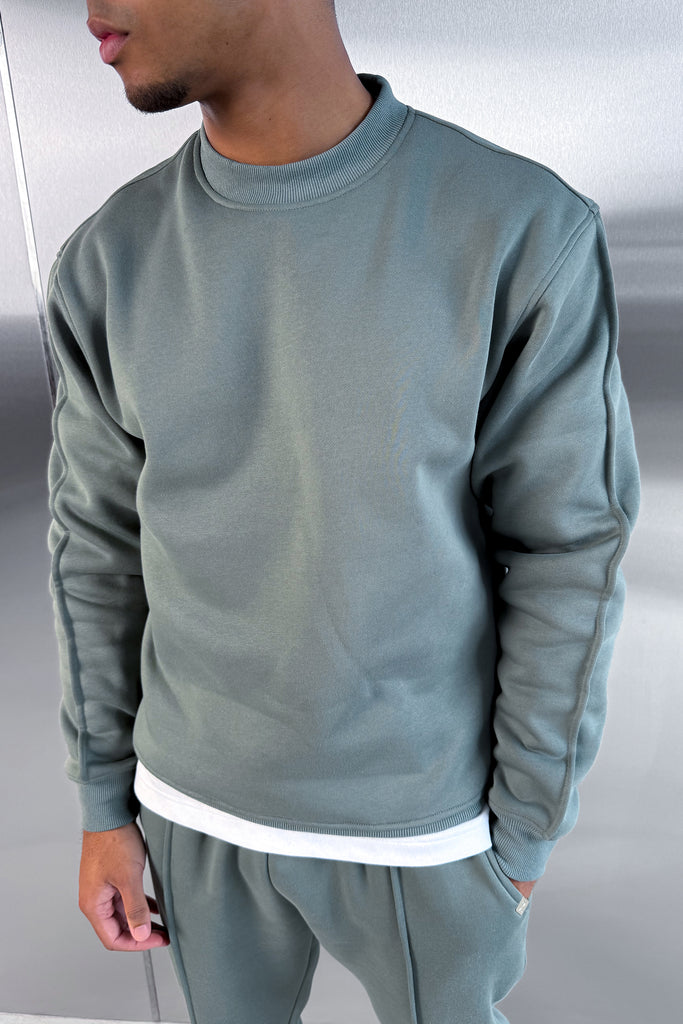 Extended Neck Crew Neck Sweatshirt - Khaki