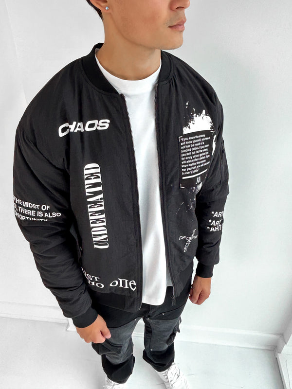 Chaos Graffiti Print Bomber Jacket - Black