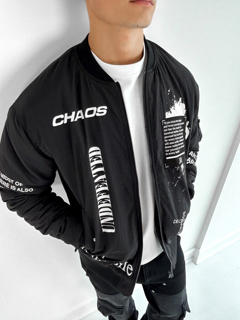 Chaos Graffiti Print Bomber Jacket - Black