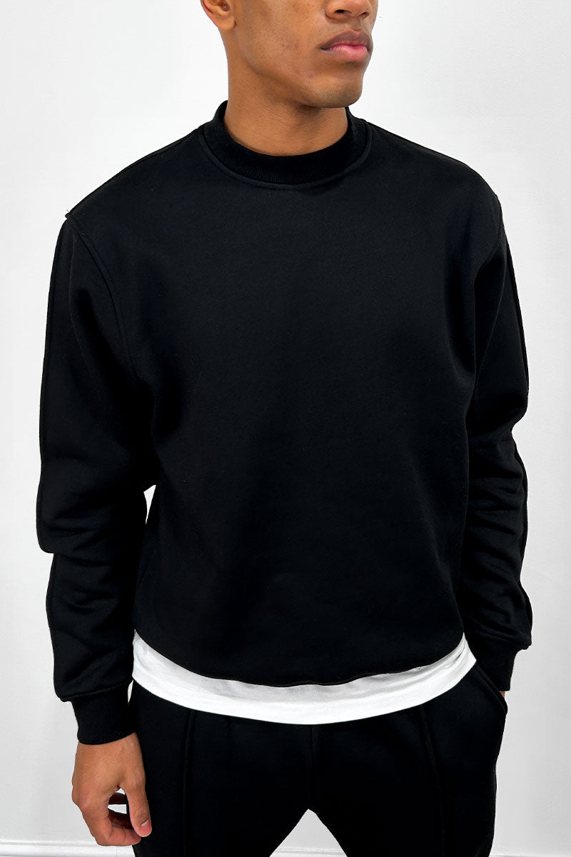 Extended Neck Crew Neck Sweatshirt - Black