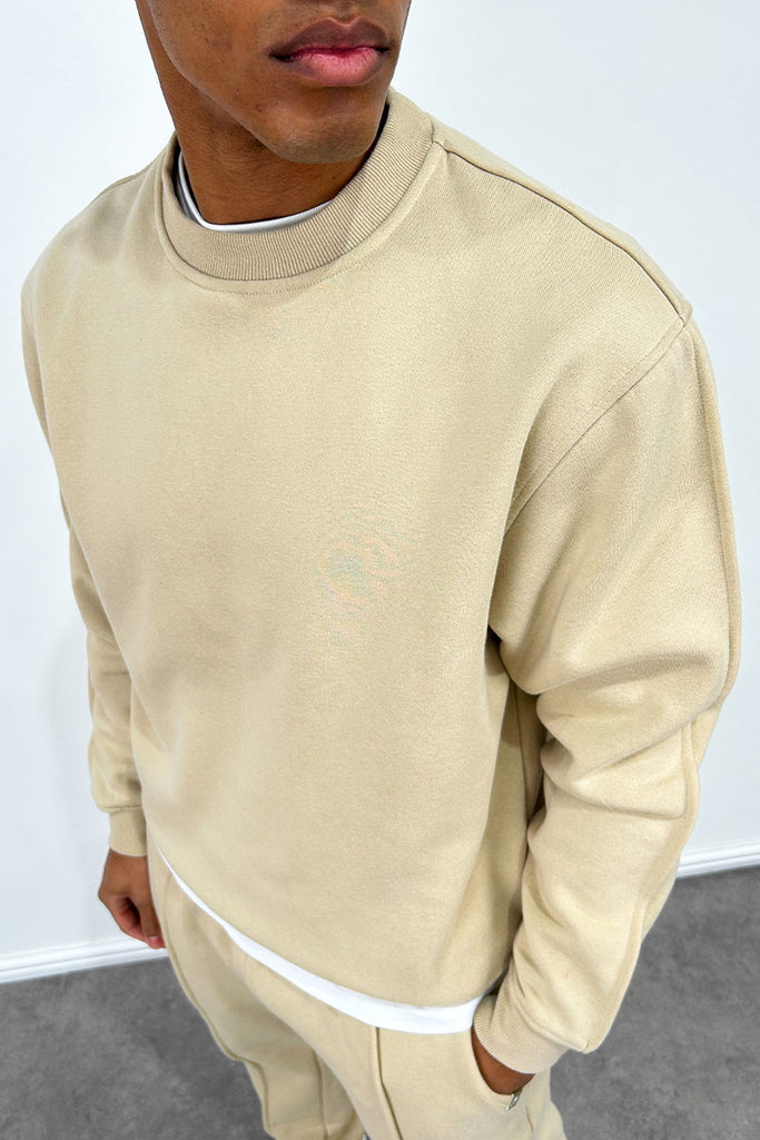 Extended Neck Crew Neck Sweatshirt - Taupe