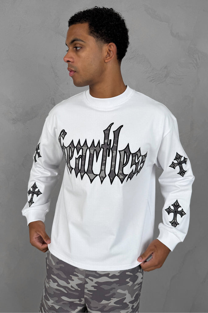 Heartless Boxy Long Sleeve Camo T-Shirt - White