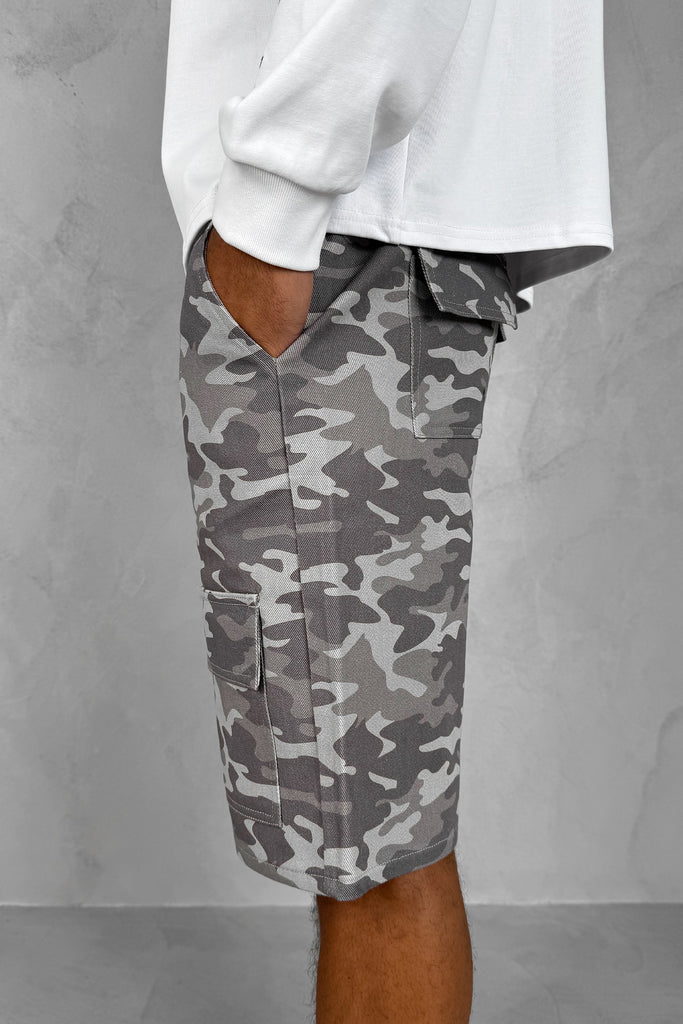 Relaxed Denim Camo Cargo Shorts - Grey Camo