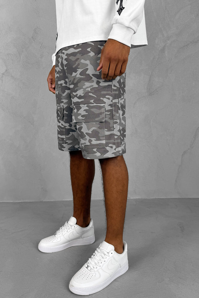 Relaxed Denim Camo Cargo Shorts - Grey Camo