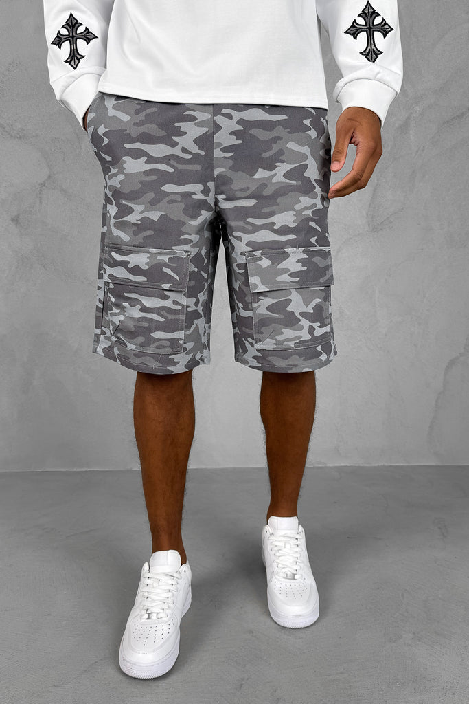 Relaxed Denim Camo Cargo Shorts - Grey Camo