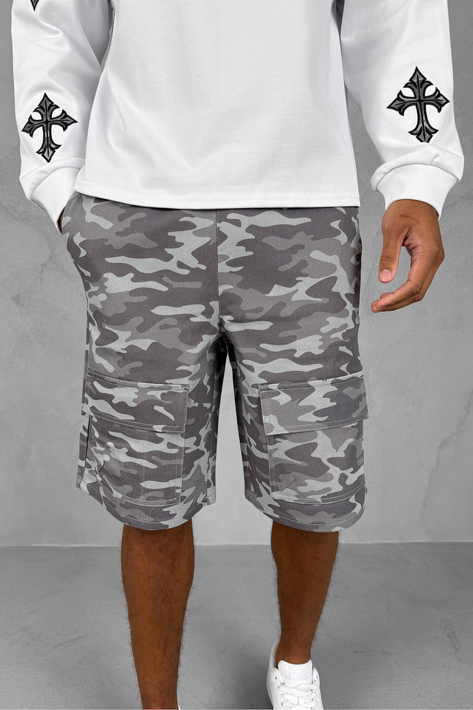Relaxed Denim Camo Cargo Shorts - Grey Camo