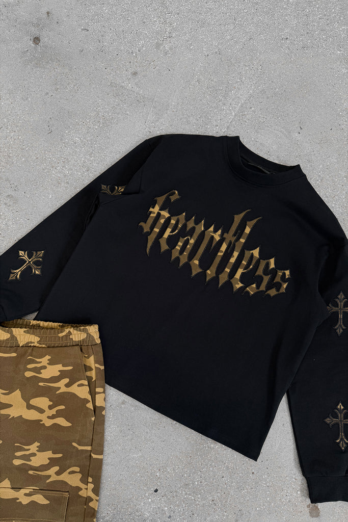 Heartless Boxy Long Sleeve Camo T-Shirt - Black