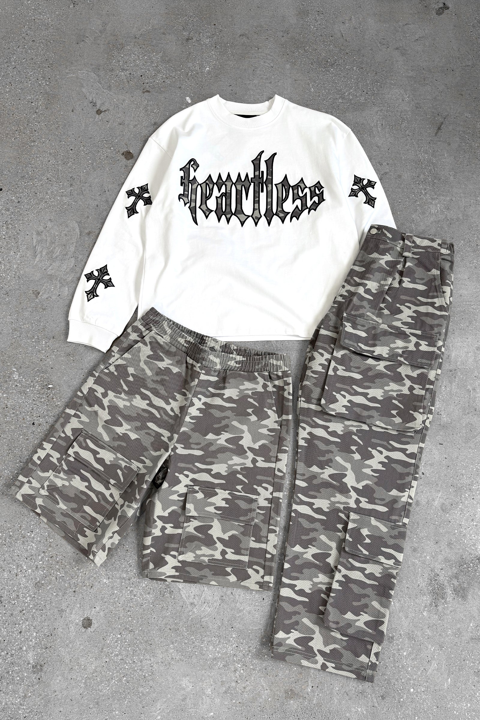 Relaxed Denim Camo Cargo Shorts - Grey Camo