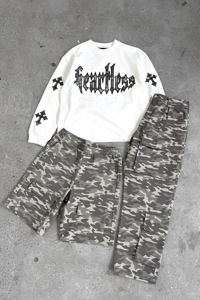 Relaxed Denim Camo Cargo Shorts - Grey Camo