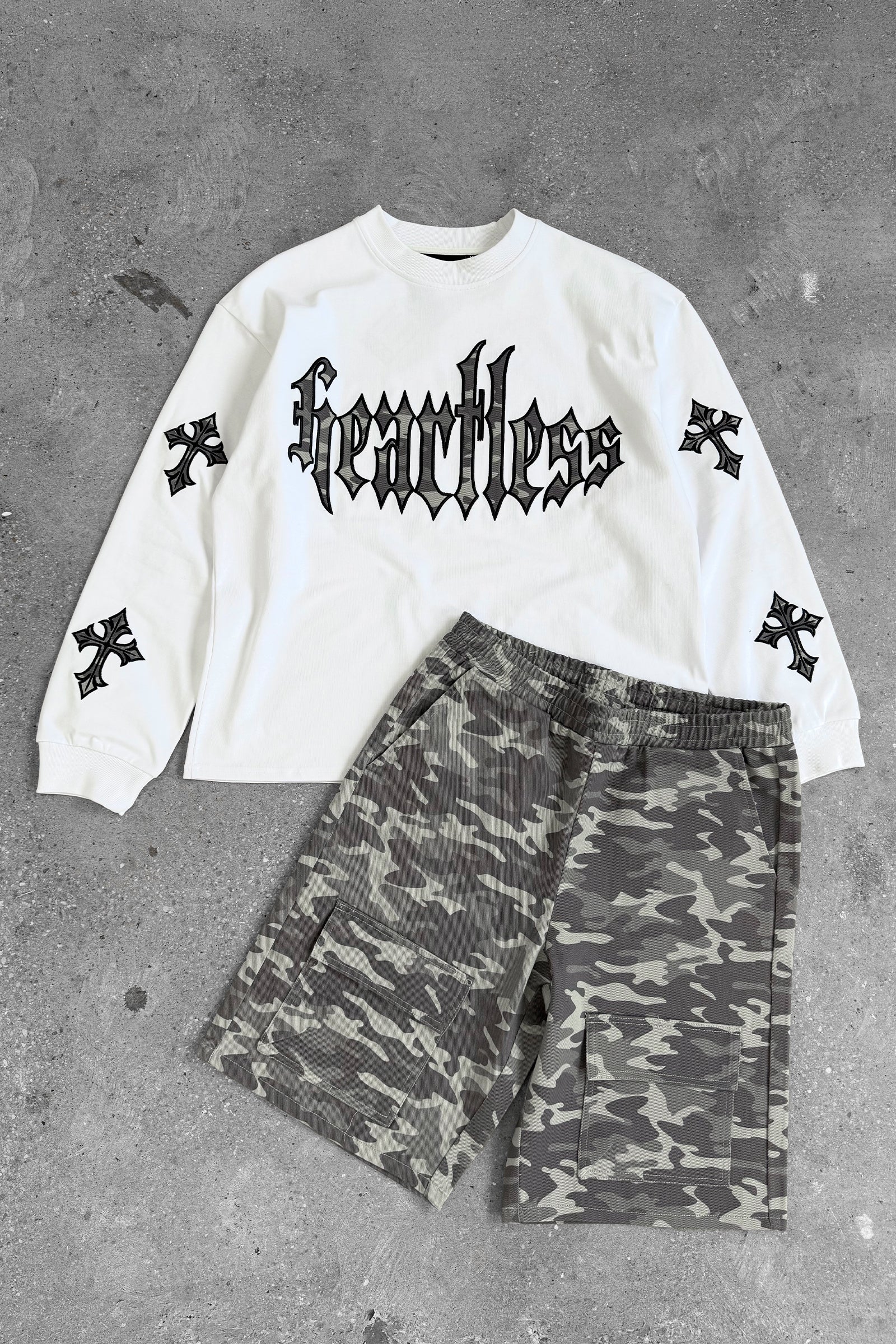 Relaxed Denim Camo Cargo Shorts - Grey Camo