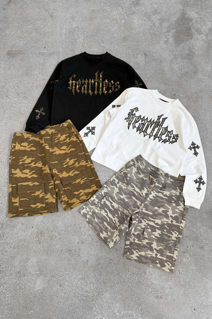 Relaxed Denim Camo Cargo Shorts - Grey Camo