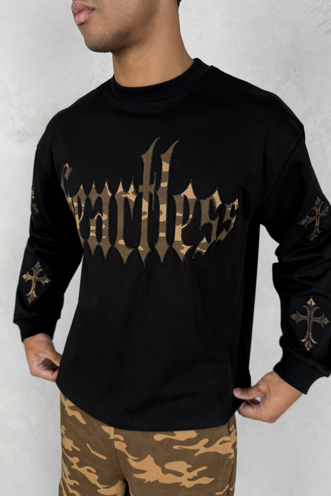 Heartless Boxy Long Sleeve Camo T-Shirt - Black