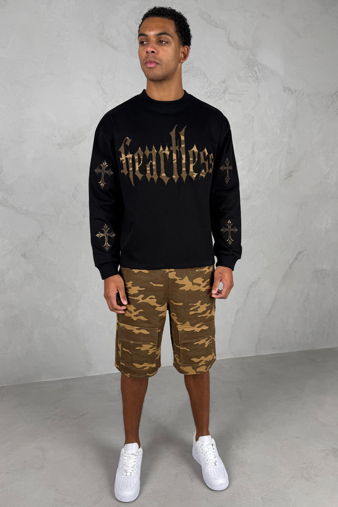 Heartless Boxy Long Sleeve Camo T-Shirt - Black