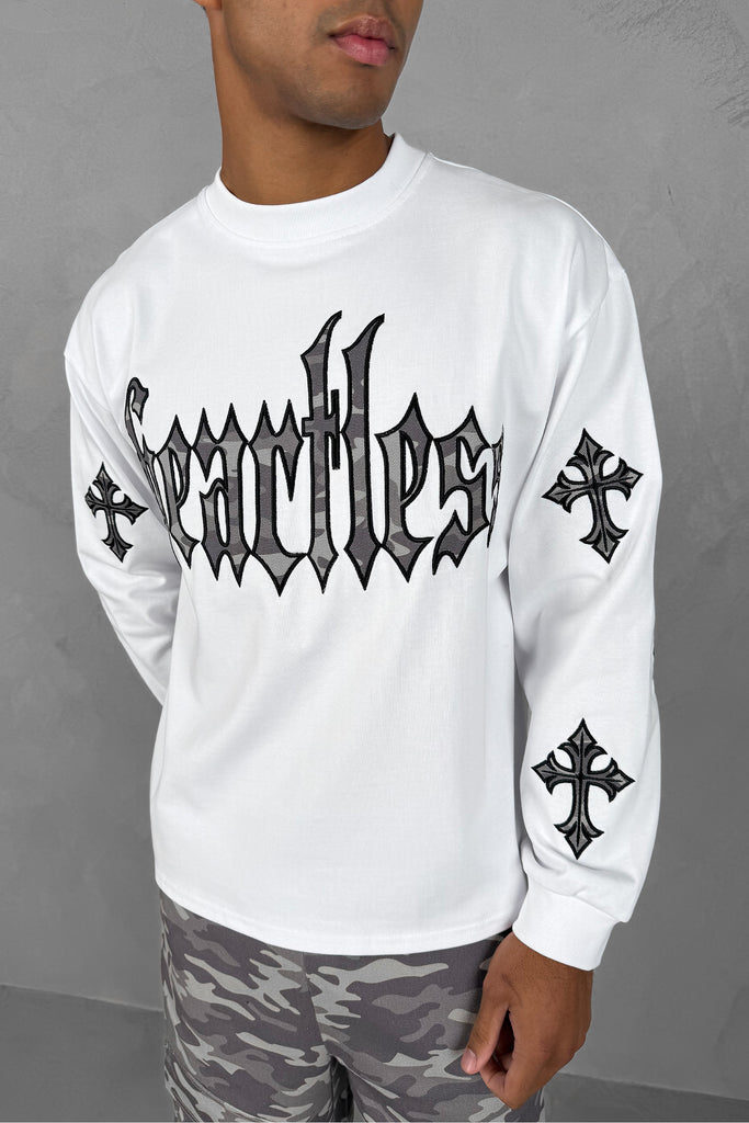 Heartless Boxy Long Sleeve Camo T-Shirt - White