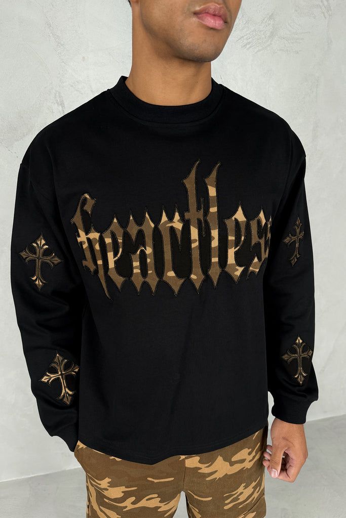 Heartless Boxy Long Sleeve Camo T-Shirt - Black