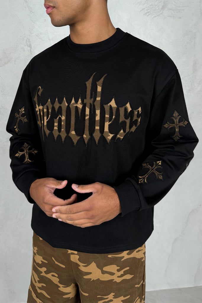 Heartless Boxy Long Sleeve Camo T-Shirt - Black