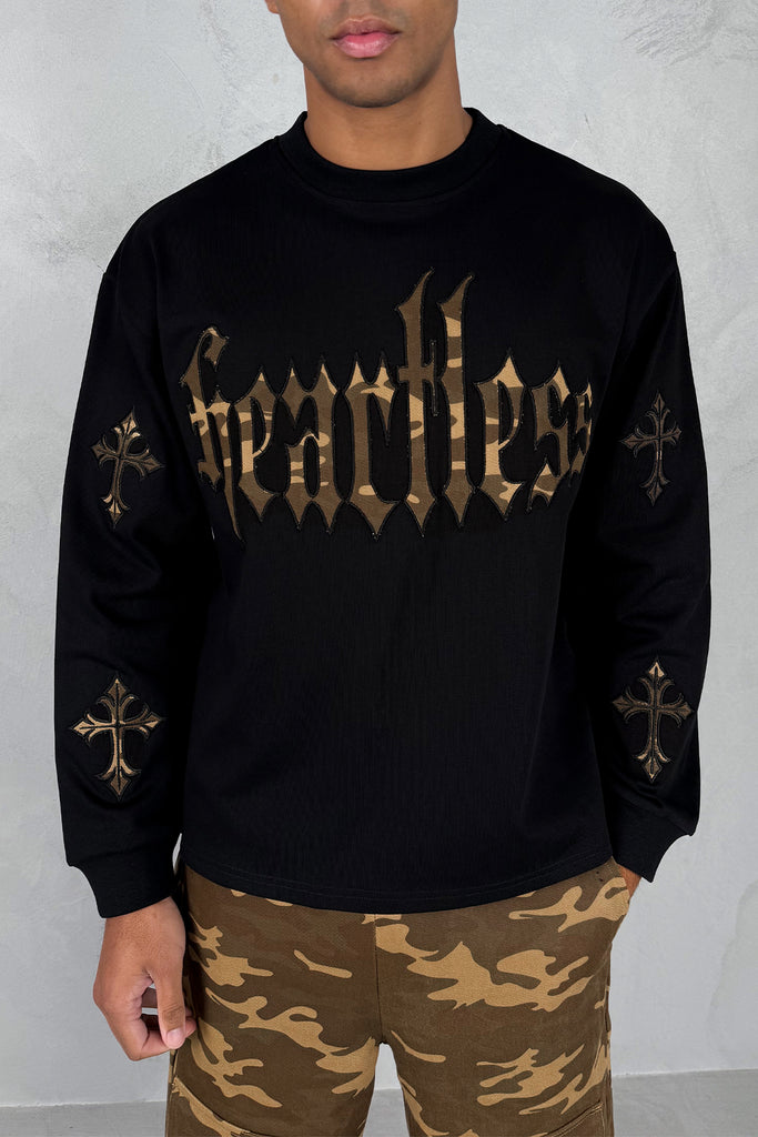 Heartless Boxy Long Sleeve Camo T-Shirt - Black