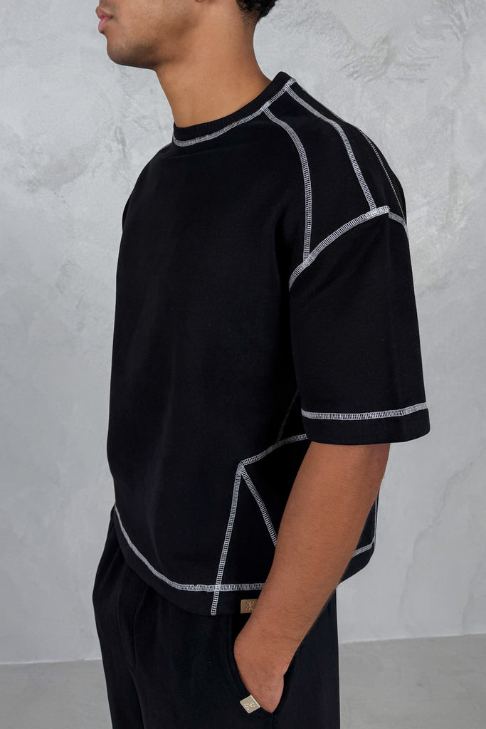 Contrast Stitch Boxy T-Shirt - Black