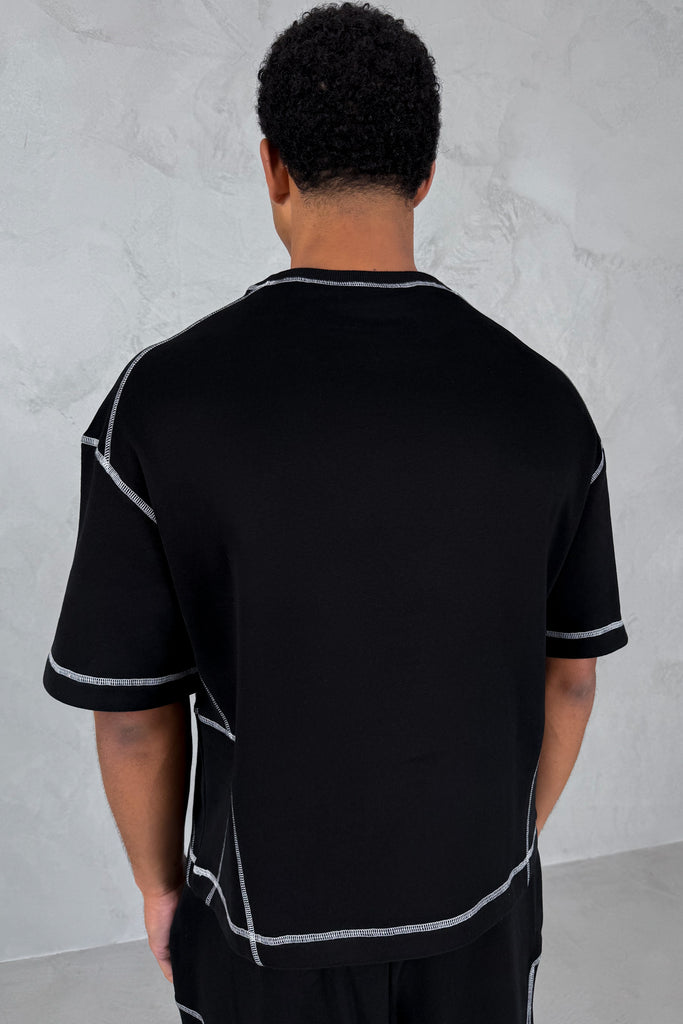 Contrast Stitch Boxy T-Shirt - Black