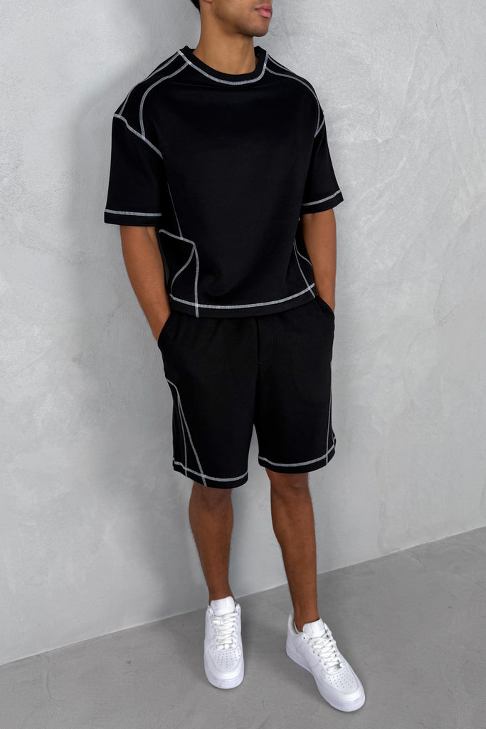 Contrast Stitch Boxy T-Shirt - Black