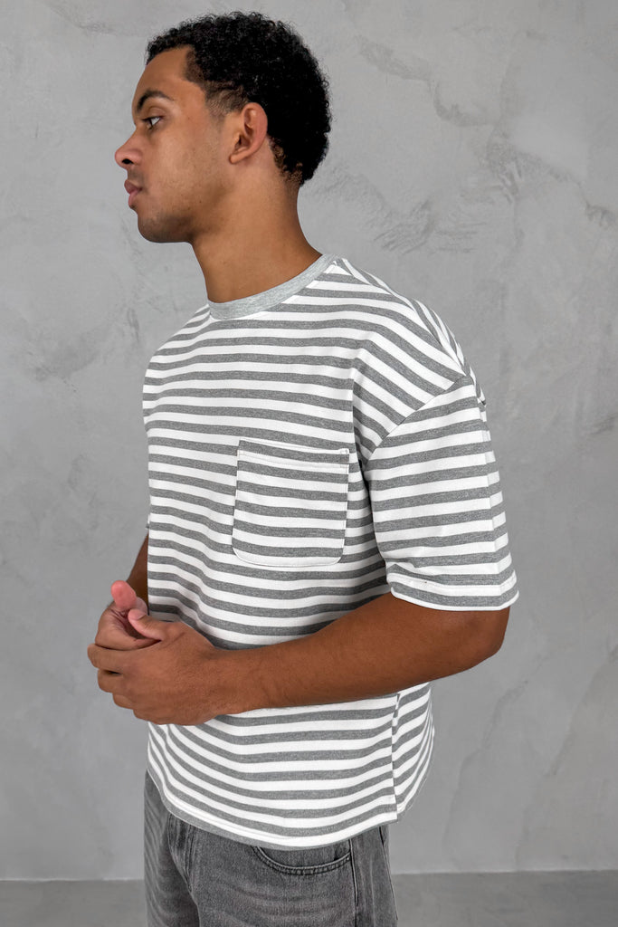 Boxy Stripe Pocket T-Shirt - Grey
