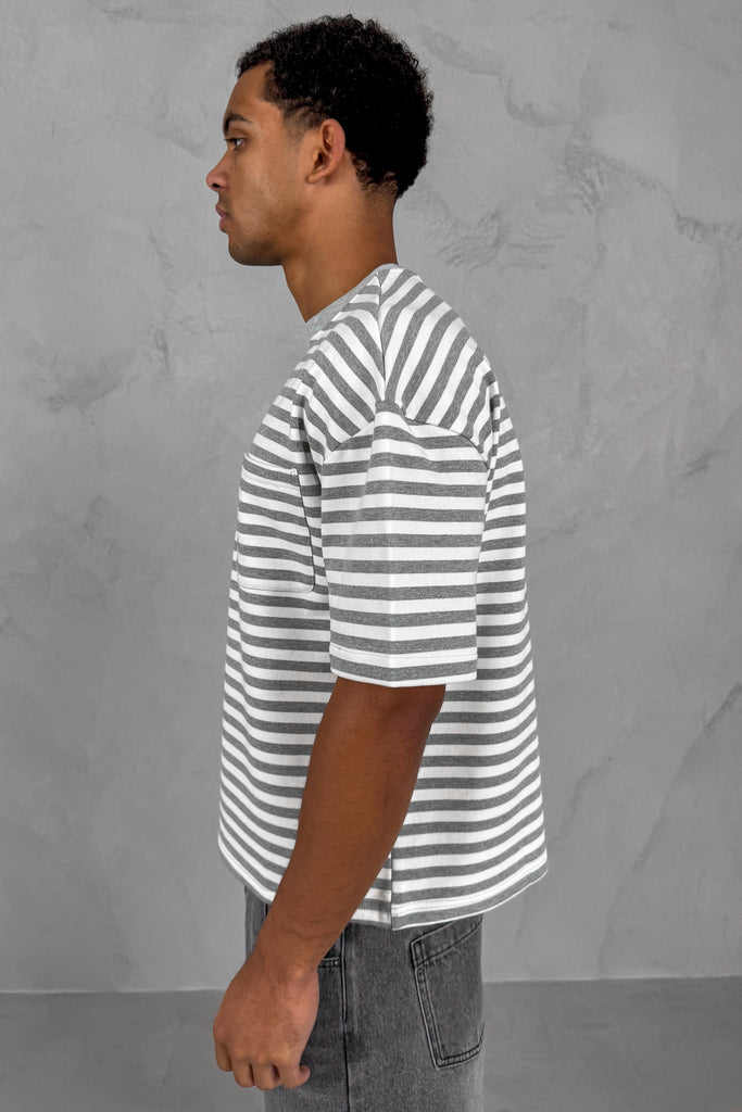 Boxy Stripe Pocket T-Shirt - Grey