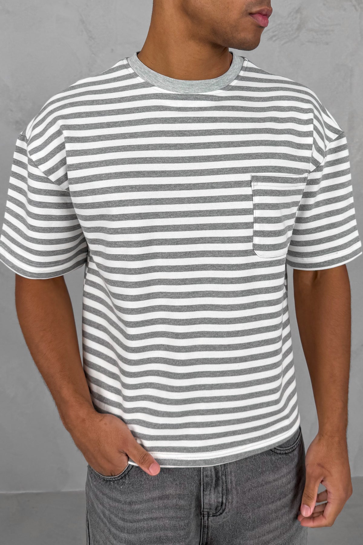 Boxy Stripe Pocket T-Shirt - Grey