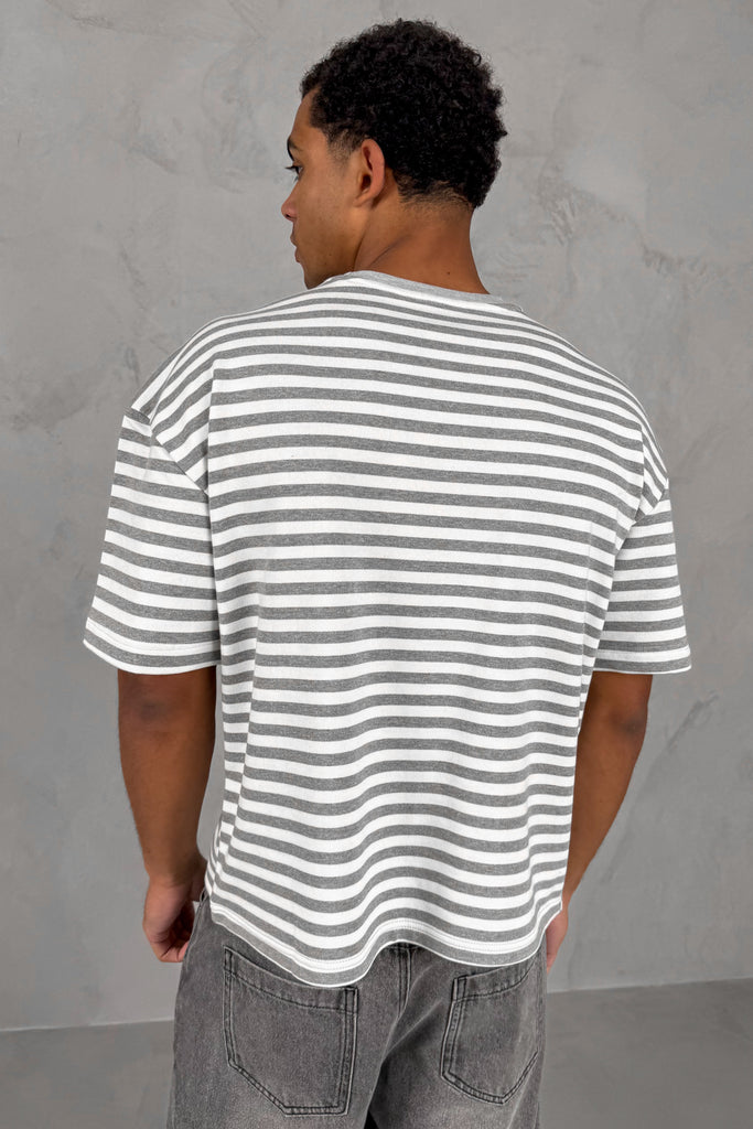 Boxy Stripe Pocket T-Shirt - Grey