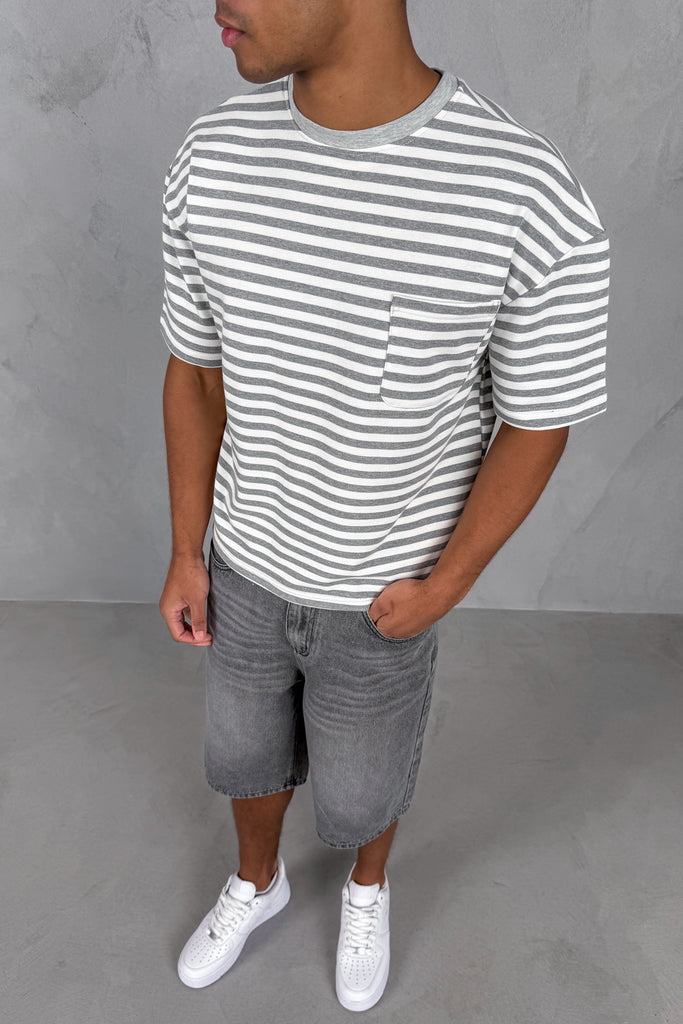 Boxy Stripe Pocket T-Shirt - Grey