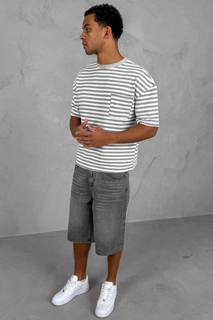 Boxy Stripe Pocket T-Shirt - Grey