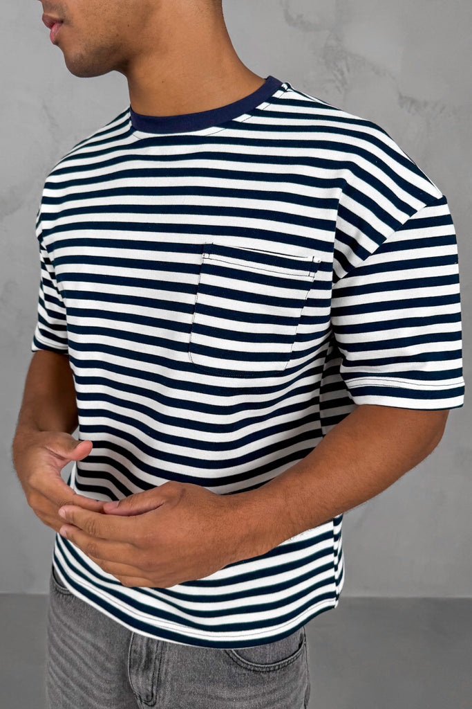 Boxy Stripe Pocket T-Shirt - Navy