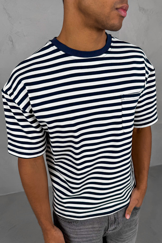 Boxy Stripe Pocket T-Shirt - Navy