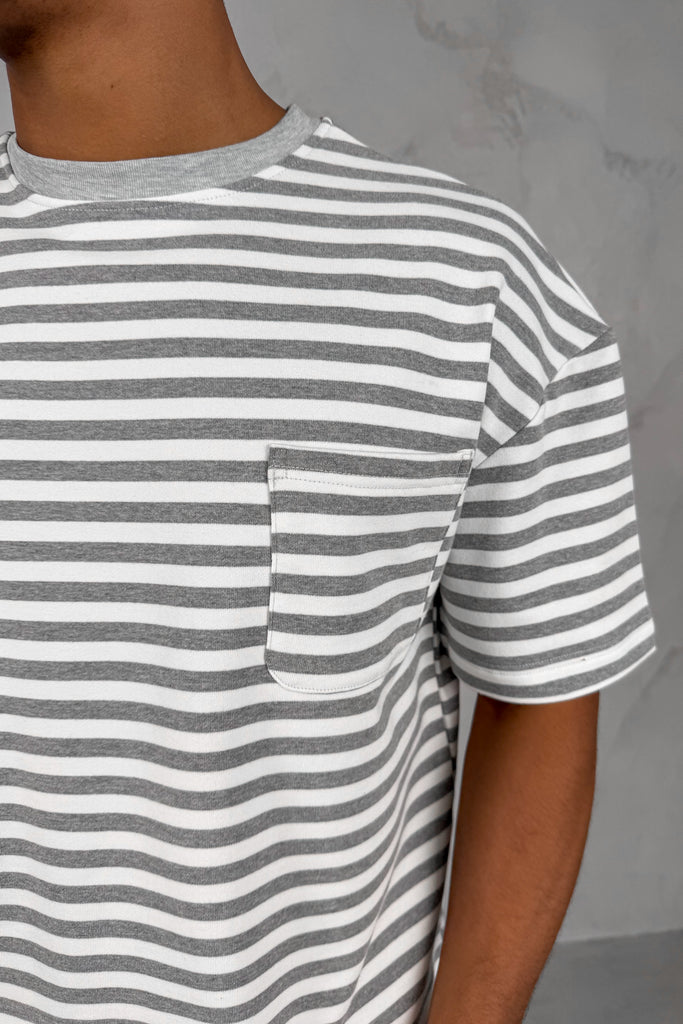 Boxy Stripe Pocket T-Shirt - Grey