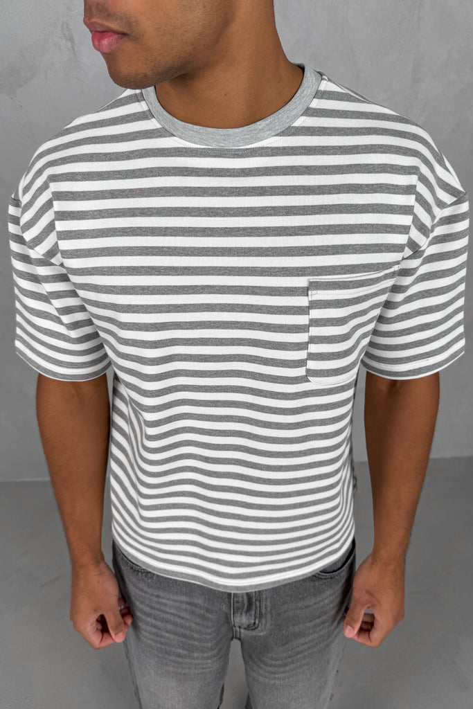 Boxy Stripe Pocket T-Shirt - Grey