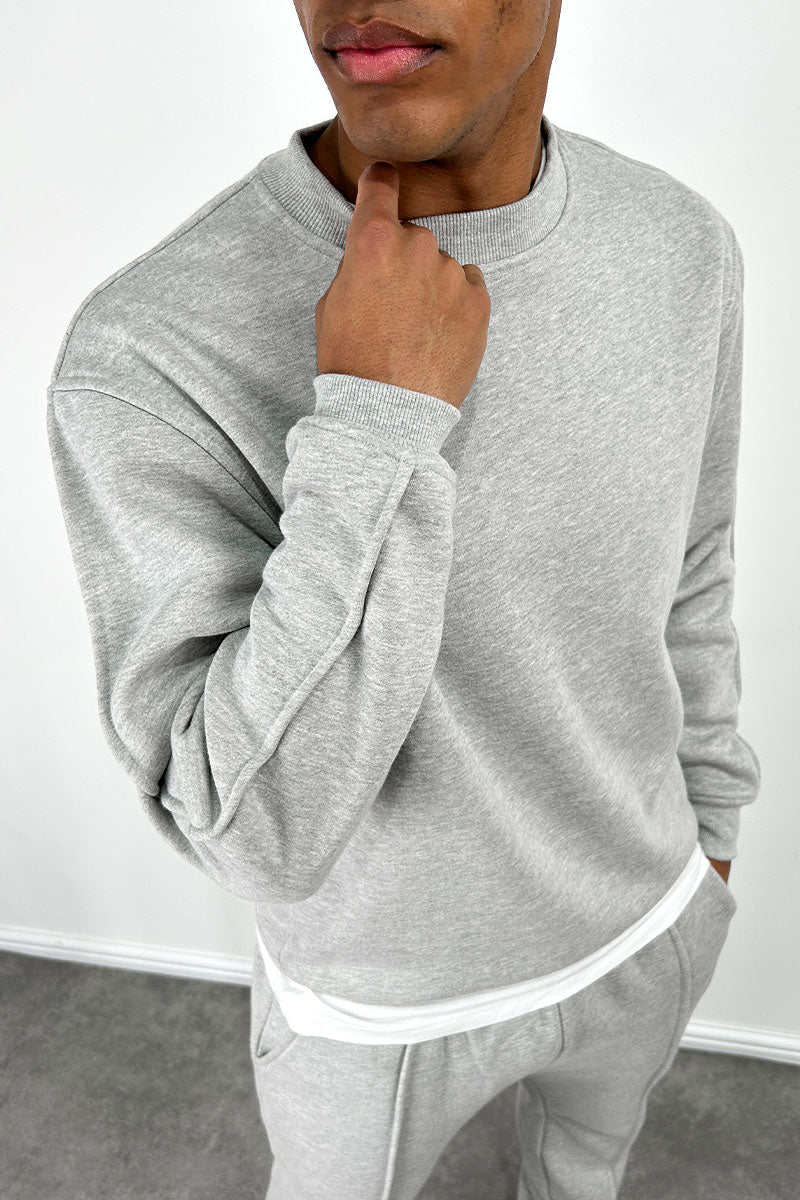 Extended Neck Crew Neck Sweatshirt - Grey Marl