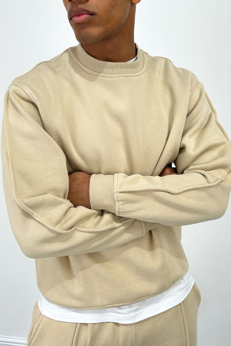 Extended Neck Crew Neck Sweatshirt - Taupe