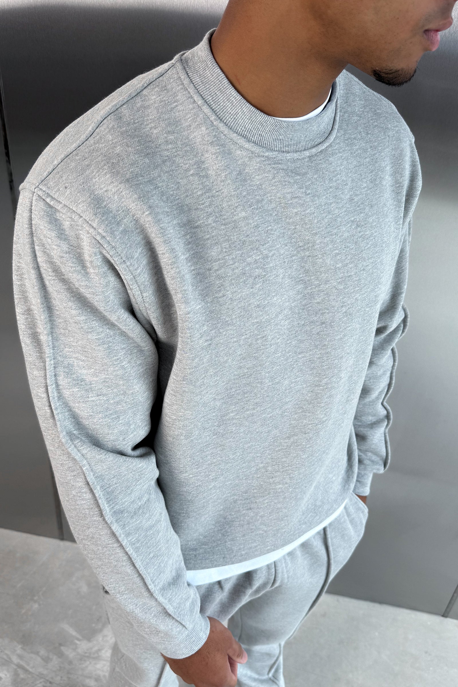 Extended Neck Crew Neck Sweatshirt - Grey Marl