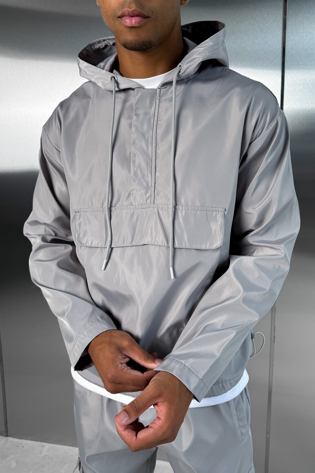 Matte Nylon Pullover Jacket - Light Grey